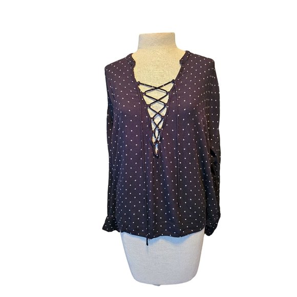 Billabong Flowy blouse size Medium lace up front long sleeve polka dot blue - Picture 1 of 9